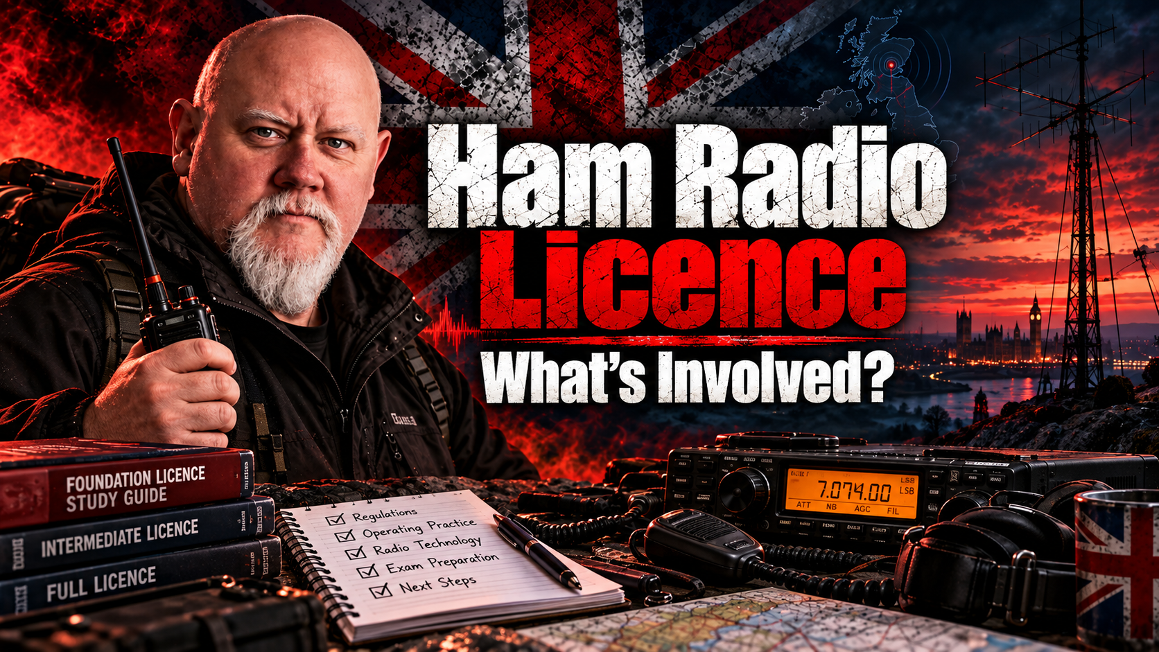 UK ham radio licence guide showing amateur radio equipment, study materials, antennas and a handheld radio