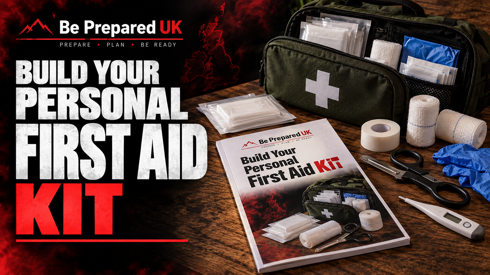 Be Prepared UK first aid guide beside a kit containing bandages, dressings, gloves, scissors and a thermometer.